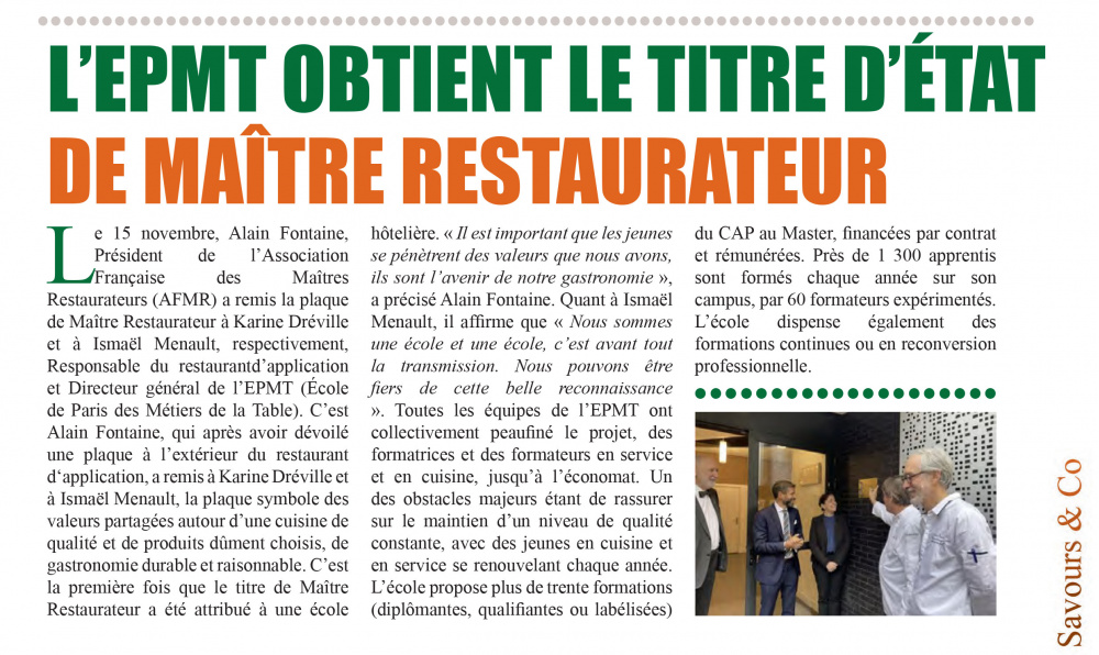 L’EPMT obtient le titre d'état de Maître Restaurateur